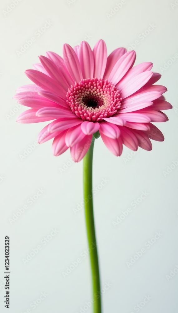 Single pink gerbera, sharp focus, pure white backdrop , white background, botany Single pink gerbera, sharp focus, pure white backdrop , white background, botany
