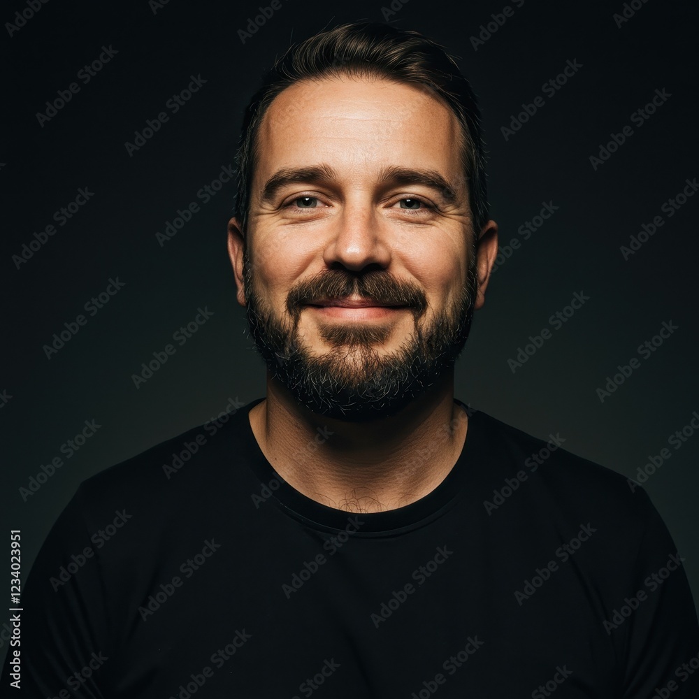 Fototapeta premium Confident Bearded Man Smiling in Dark Studio Portrait, Perfect for Professional Headshots and Personal Branding