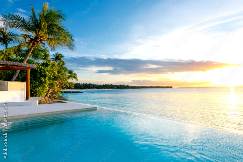Fototapeta premium A serene sunset view over a tranquil pool, surrounded by palm trees and a calm ocean, creating a perfect tropical getaway atmosphere.