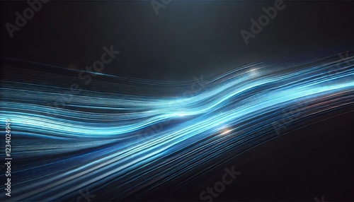 High-Resolution Abstract Background with Blue Gradient Light Streaks on Black, Glowing Horizontal Lines with Blurred Motion Effect - 16:9 Stock Image