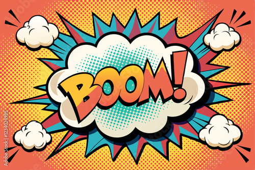 Boom pop art cloud bubble. Smile, wow, pow, cool, ok, oops, wtf funny speech bubble. Trendy Colorful retro vintage background in pop art retro comic style. Illustration easy editable for Your design.