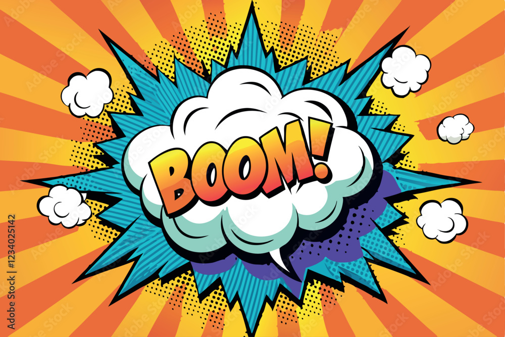Boom pop art cloud bubble. Smile, wow, pow, cool, ok, oops, wtf funny speech bubble. Trendy Colorful retro vintage background in pop art retro comic style. Illustration easy editable for Your design.