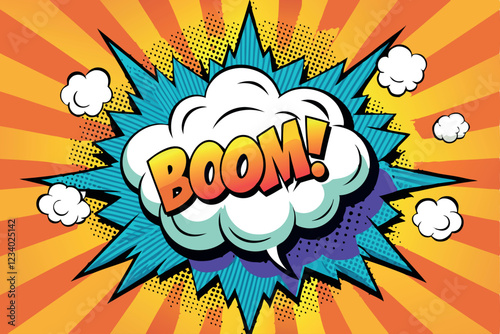 Boom pop art cloud bubble. Smile, wow, pow, cool, ok, oops, wtf funny speech bubble. Trendy Colorful retro vintage background in pop art retro comic style. Illustration easy editable for Your design.