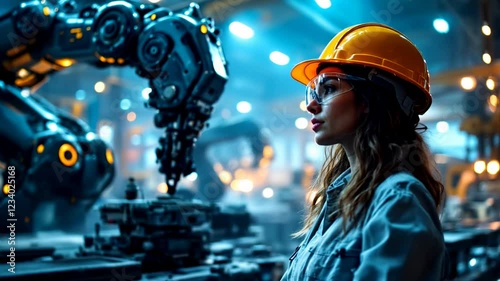 Innovative Industrial Environment Showcasing a Woman in Safety Gear with Advanced Robotics