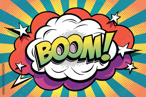 Boom pop art cloud bubble. Smile, wow, pow, cool, ok, oops, wtf funny speech bubble. Trendy Colorful retro vintage background in pop art retro comic style. Illustration easy editable for Your design.