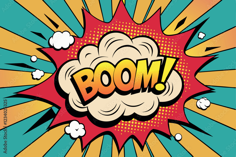 Boom pop art cloud bubble. Smile, wow, pow, cool, ok, oops, wtf funny speech bubble. Trendy Colorful retro vintage background in pop art retro comic style. Illustration easy editable for Your design.