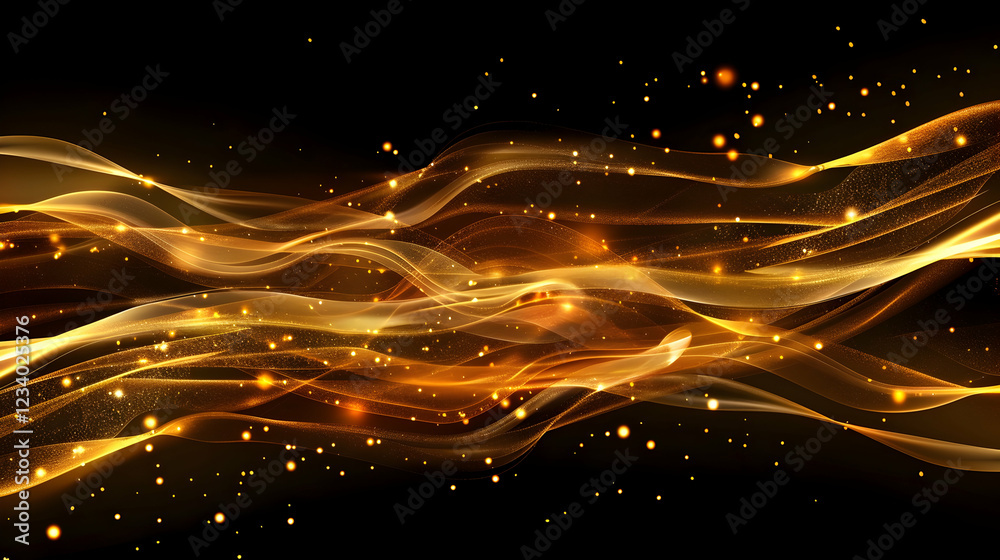 Obraz premium Abstract golden waves with sparkles on a black background, creating a dynamic visual effect.