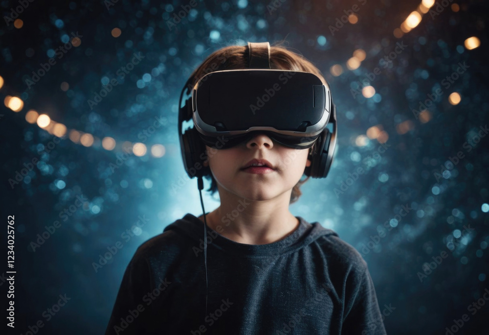 Child experiencing virtual reality with vr headset against starry background Child experiencing virtual reality with vr headset against starry background