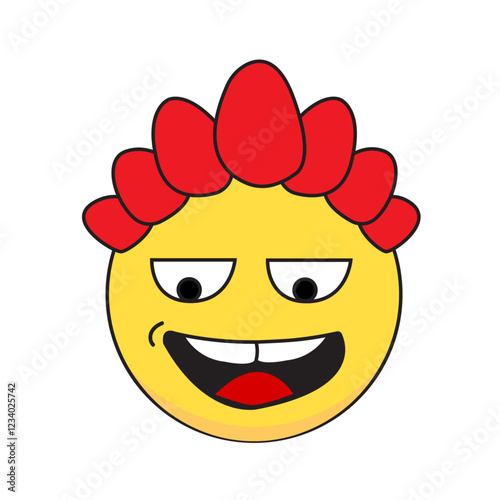 A cartoon smiley face wearing an expression of mischievousness, with narrowed eyes and a playful smirk, accompanied by a vibrant