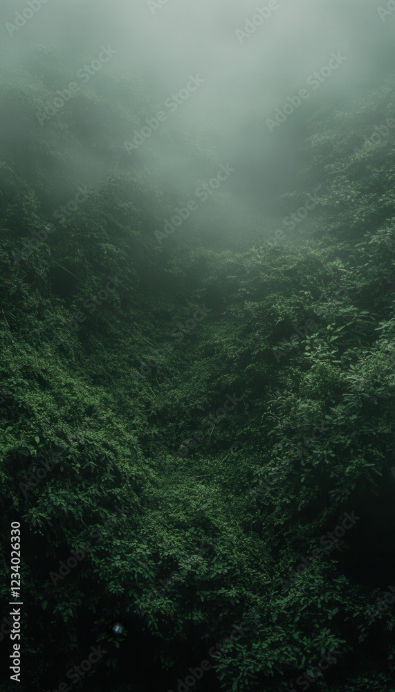 Misty, lush green foliage fills the frame, creating a mysterious and tranquil atmosphere. Misty, lush green foliage fills the frame, creating a mysterious and tranquil atmosphere.