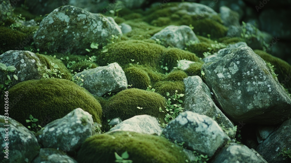 Moss-covered rocks nestle together, forming a soft and lush carpet of green amidst the rugged terrain. Moss-covered rocks nestle together, forming a soft and lush carpet of green amidst the rugged terrain.