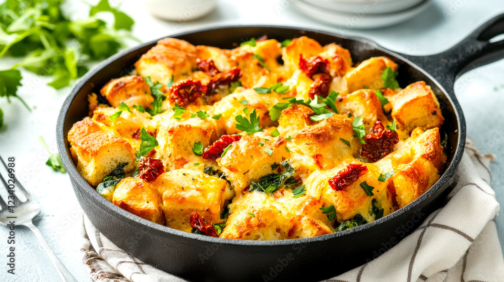 A golden, cheesy bread casserole baked in a cast iron skillet, garnished with herbs, showcasing a delicious and comforting dish perfect for sharing. A golden, cheesy bread casserole baked in a cast iron skillet, garnished with herbs, showcasing a delicious and comforting dish perfect for sharing.
