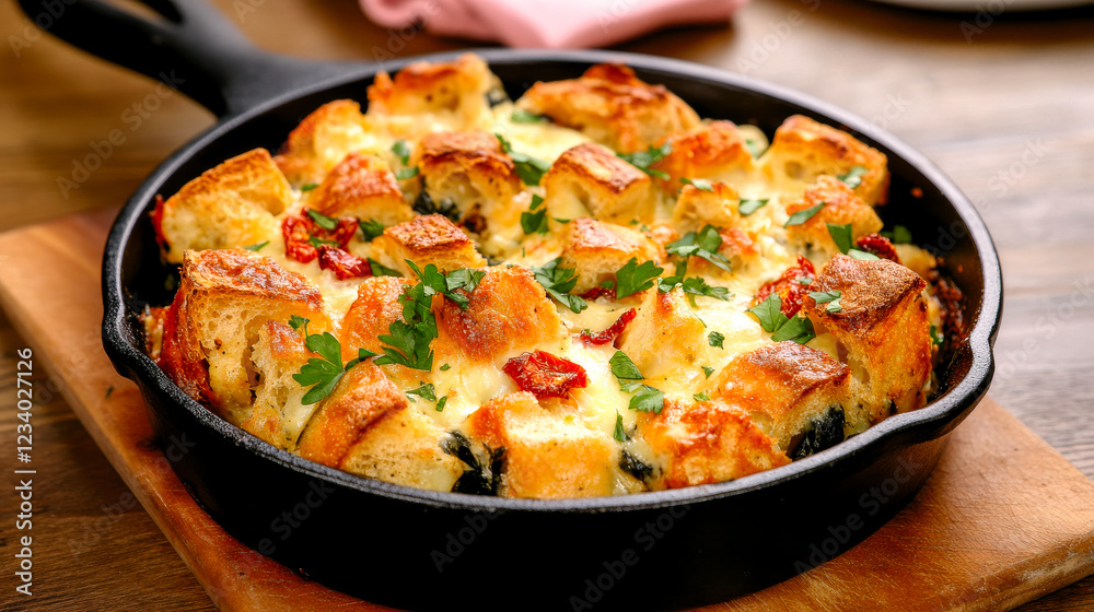 A delicious baked dish featuring golden bread pieces, topped with herbs and cheese, served in a cast-iron skillet. A delicious baked dish featuring golden bread pieces, topped with herbs and cheese, served in a cast-iron skillet.