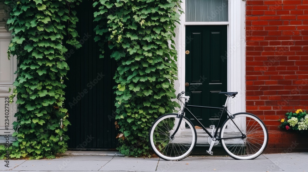 A bicycle is parked in front of a brick facade entwined with lush ivy, creating a harmonious blend of nature and architecture. A bicycle is parked in front of a brick facade entwined with lush ivy, creating a harmonious blend of nature and architecture.