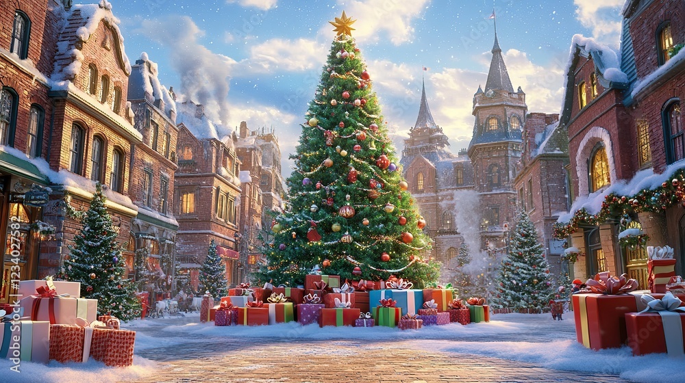 Naklejka premium Snowy town square Christmas tree, gifts, festive background, holiday card