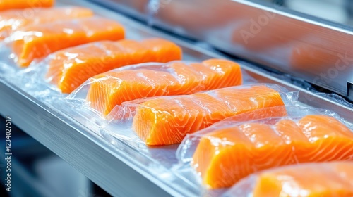 Fresh salmon fillets neatly packaged on a conveyor belt in a food processing facility