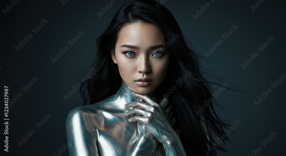 custom made wallpaper toronto digitalFuturistic Silver Body Art Portrait of a Woman with Intense Blue Eyes in a Studio Setting