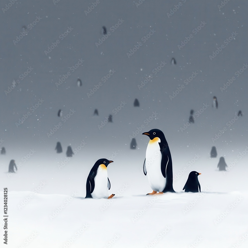 Obraz premium Stunning Illustration of Penguins in a Snowy Antarctic Landscape with Falling Snowflakes, Perfect for Wildlife and Winter-Themed Projects.