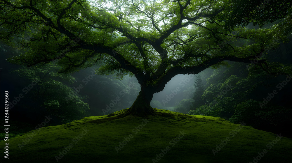 Naklejka premium Majestic tree in misty forest, serene nature scene, meditation, wallpaper