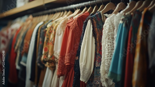 Wallpaper Mural Diverse, colorful dresses with delicate patterns hang in a boutique, highlighting texture and craftsmanship in a cozy, fashion-forward setting. Torontodigital.ca