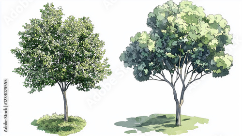 Vector illustrations of decorative trees with intricate green leaves,