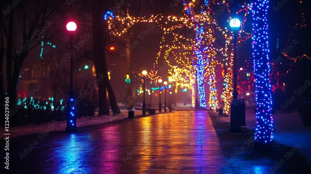 Festive lights adorn the bare trees along a quiet, snow-dusted pathway, painting the evening in vibrant hues of blue and gold.