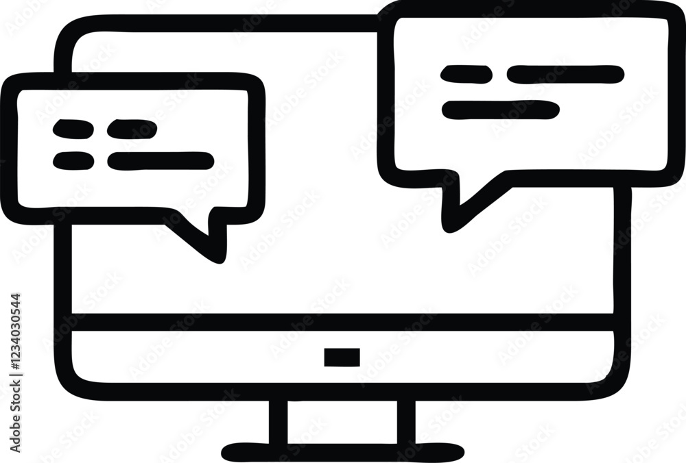 Computer monitor, speech bubbles, digital communication, chat interface, minimalist icon, black and white design, line art, vector illustration, messaging concept, online conversation, screen display, Computer monitor, speech bubbles, digital communication, chat interface, minimalist icon, black and white design, line art, vector illustration, messaging concept, online conversation, screen display,