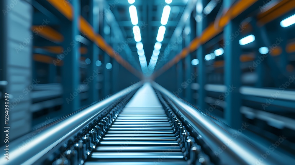 Fototapeta premium A conveyor belt stretches into the distance within a modern, illuminated industrial facility.