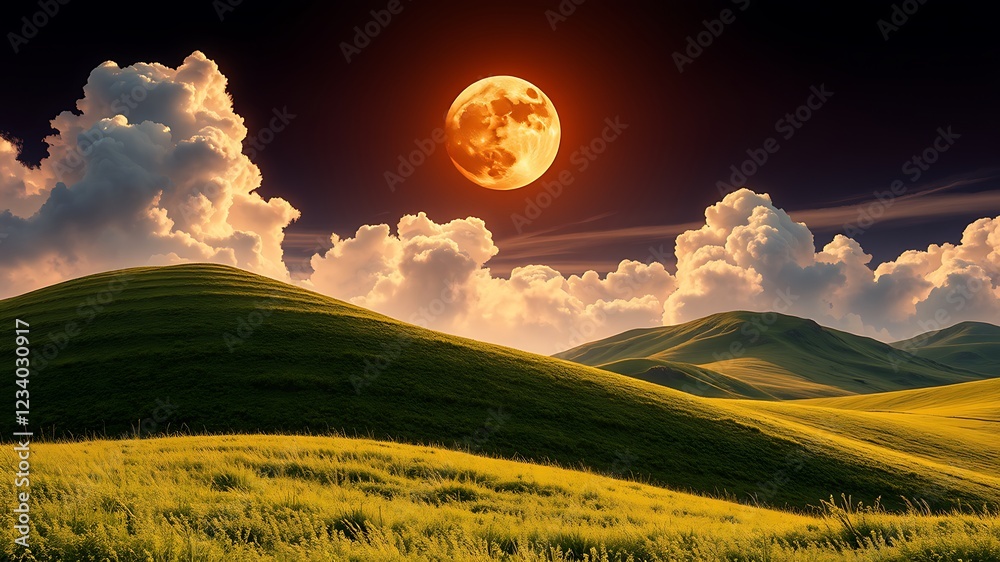 A vibrant orange full moon rises over rolling green hills and fluffy clouds in a breathtaking night landscape. A vibrant orange full moon rises over rolling green hills and fluffy clouds in a breathtaking night landscape.
