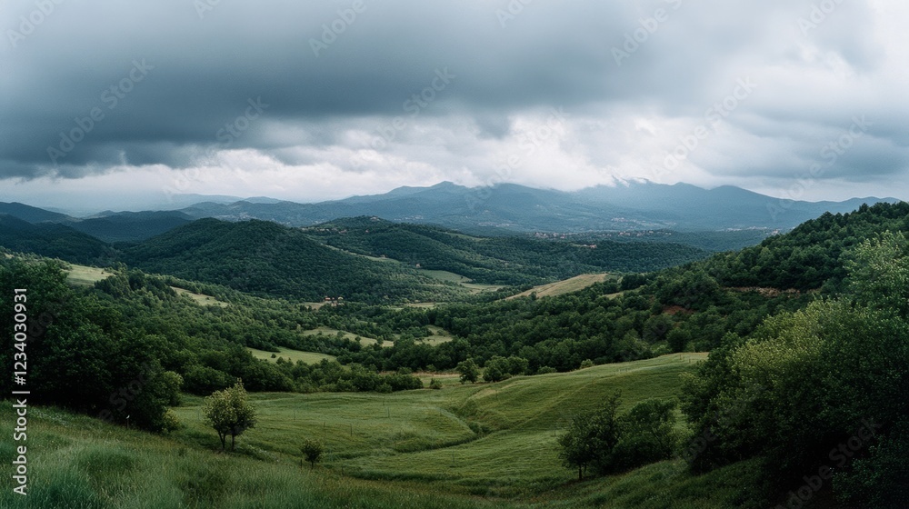 Fototapeta premium Rolling hills embrace a serene green valley beneath a broad, clouded sky, capturing the expansive tranquility of undisturbed nature.
