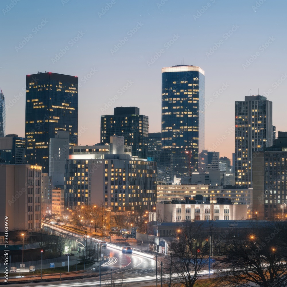 Naklejka premium City skyline at night, urban lights 1
