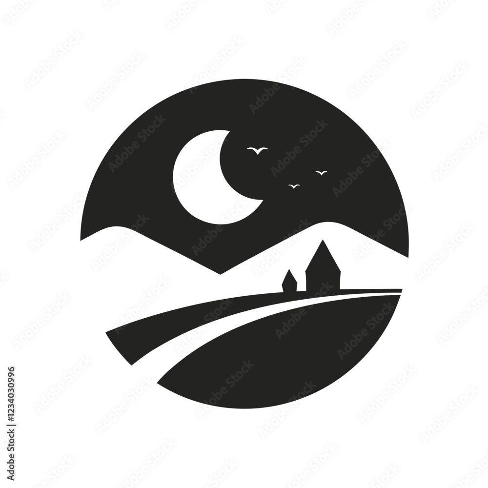 Minimalist Night Landscape with Crescent Moon. Minimalist Night Landscape with Crescent Moon.