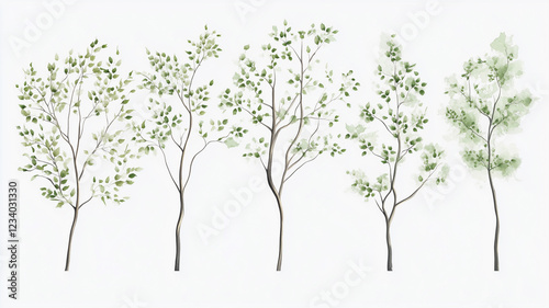 vector set of decorative trees with delicate green leaves,