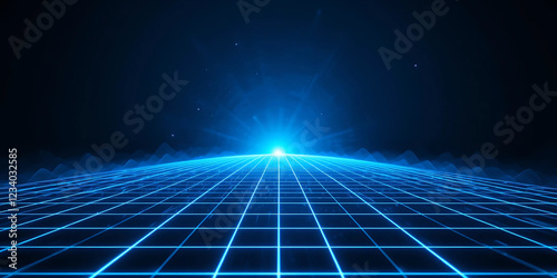 Abstract digital grid landscape with glowing blue lines converging towards a bright light source. Futuristic and technological background.