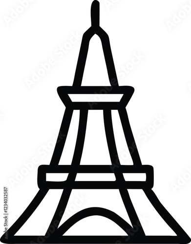 Minimalist Eiffel Tower icon, black line drawing, simple geometric shapes, iconic Parisian landmark, stylized architecture, vector graphic style, clean design, symmetrical structure, single continuous