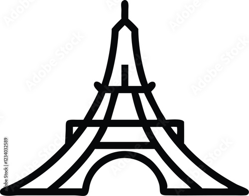 Minimalist Eiffel Tower icon, black line drawing, simple geometric shapes, iconic Parisian landmark, stylized architecture, vector graphic style, clean design, symmetrical structure, single continuous