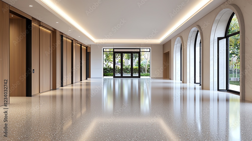 Obraz premium Spacious modern lobby with polished floor, large windows, and natural light enhancing elegant architectural design.