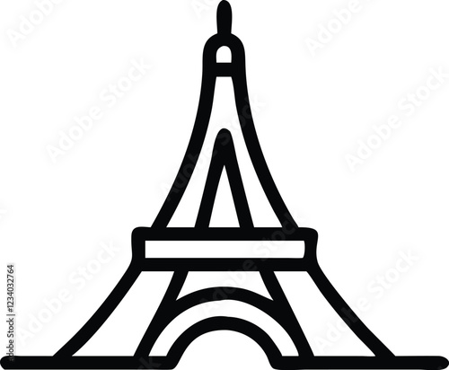 Minimalist Eiffel Tower icon, black line drawing, simple geometric shapes, iconic Parisian landmark, stylized architecture, vector graphic style, clean design, symmetrical structure, single continuous