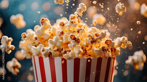 Popcorn lovers day with snack and sharing idea. Bursting popcorn in a classic striped bucket against a colorful background.