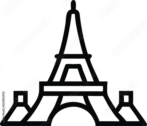 Minimalist Eiffel Tower icon, black line drawing, simple geometric shapes, iconic Parisian landmark, stylized architecture, vector graphic style, clean design, symmetrical structure, single continuous