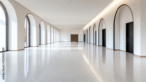 Modern, spacious hallway with large arched windows and white walls, reflecting clean architectural design.