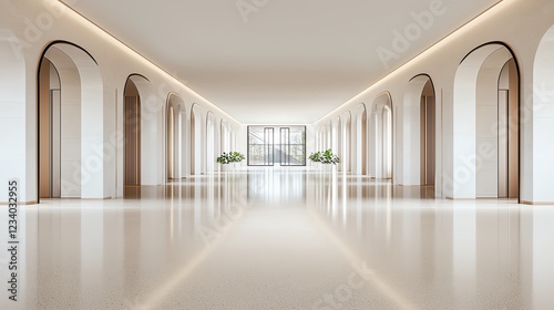Minimalist modern hallway with arched doorways and soft lighting creating a serene atmosphere.