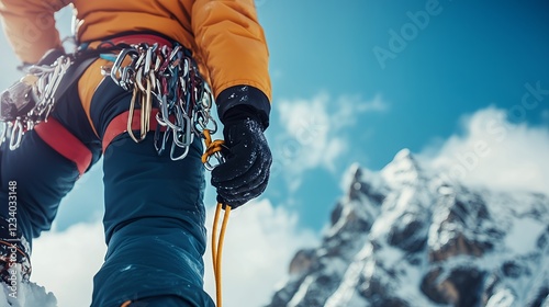 mountain climbing adventure gear, close-up of a climber's boots and harness on a snowy mountain, concept for outdoor sports, mountaineering, exploration photo