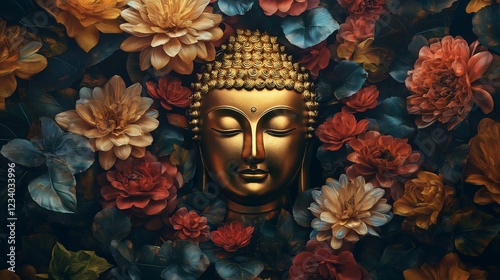 Golden buddha statue with flower background 