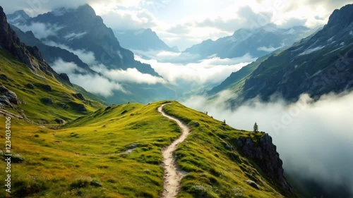 A Serene Mountain Path: A winding path leads through a picturesque mountain landscape, enveloped in a serene blanket of clouds. The path winds towards a distant peak.