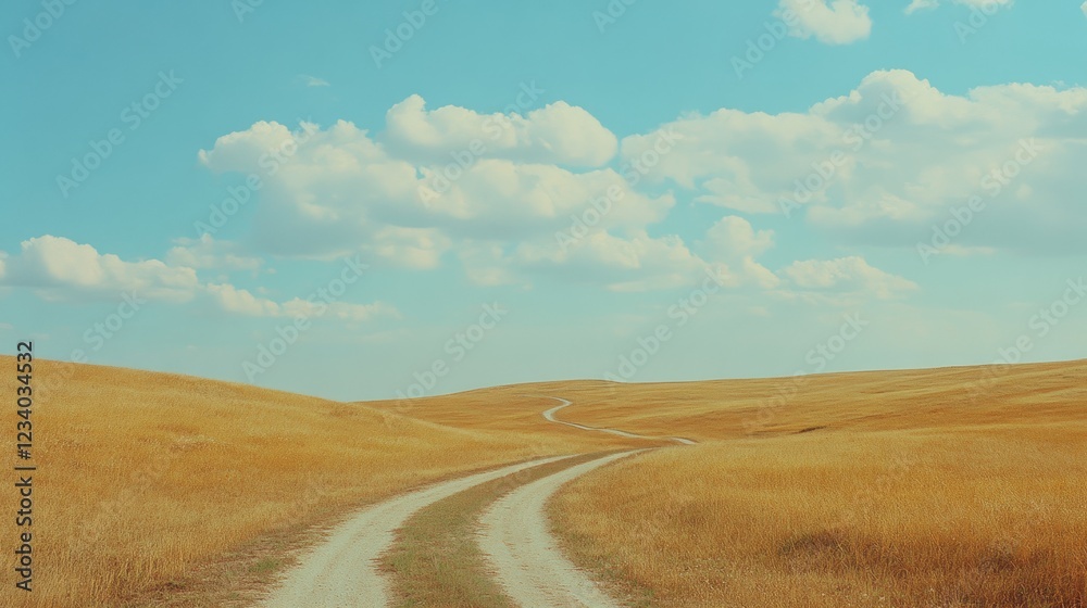 A long, winding dirt road stretches through a vast, golden field under a bright blue sky, evoking wanderlust and dreams of open journeys. A long, winding dirt road stretches through a vast, golden field under a bright blue sky, evoking wanderlust and dreams of open journeys.