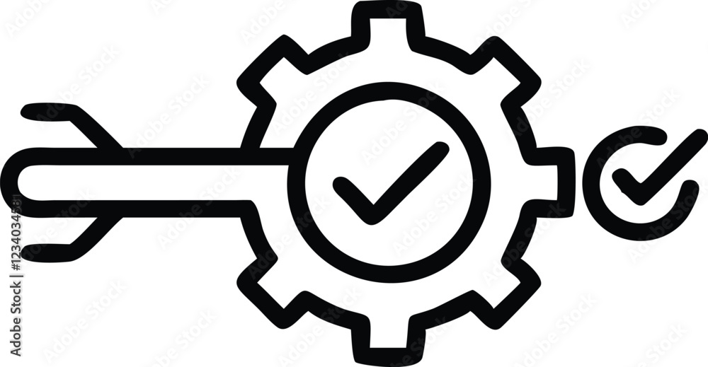 Minimalist icon, black and white, gear symbol, checkmark inside gear, simplified design, connected nodes, process optimization, quality control concept, vector graphic style, clean lines, industrial e Minimalist icon, black and white, gear symbol, checkmark inside gear, simplified design, connected nodes, process optimization, quality control concept, vector graphic style, clean lines, industrial e