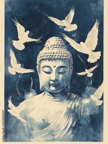 Illustration of buddha in meditation with fly pigeons 