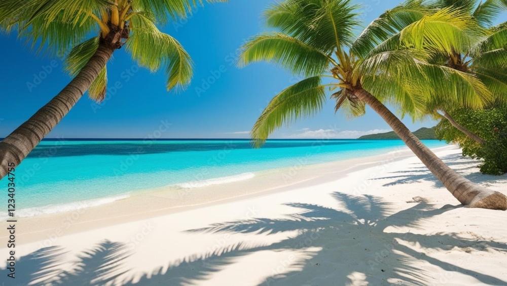 Fototapeta premium A tropical beach with crystal-clear turquoise water, white sandy shores, and palm trees swaying in the breeze. The sun is shining brightly, creating a relaxing and vibrant scene.