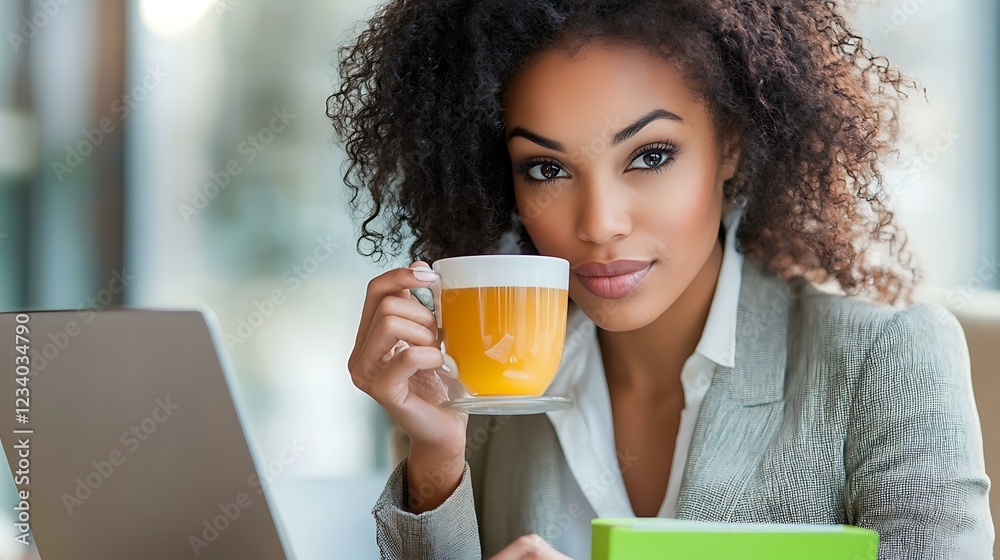 A Black businesswoman in a cozy workspace, sipping tea while reviewing financial reports on her laptop with a green sticky note pad nearby A Black businesswoman in a cozy workspace, sipping tea while reviewing financial reports on her laptop with a green sticky note pad nearby